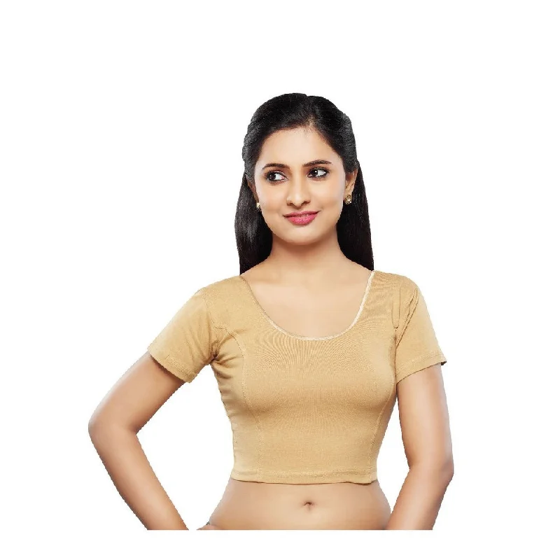 Designer Indian Gold Cotton Lycra Non-Padded Stretchable Half Sleeves Saree Blouse Crop Top (A-14)