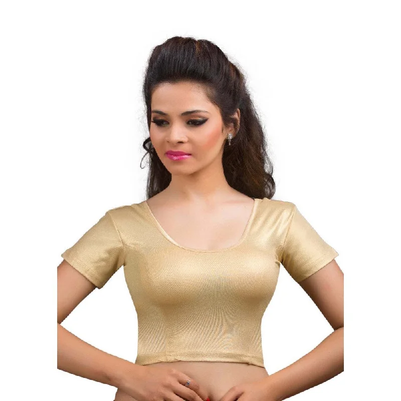 Designer Indian Gold Shimmer Non-Padded Stretchable Half Sleeves Saree Blouse Crop Top (A-17)