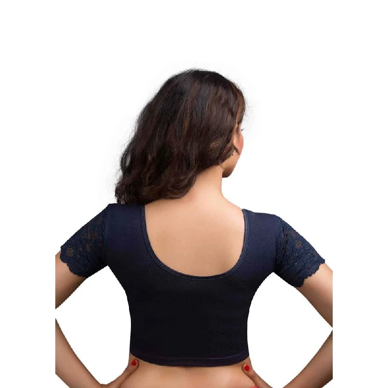 Designer Indian Navy-Blue Cotton Lycra Non-Padded Stretchable Half Sleeves Saree Blouse Crop Top (A-15)