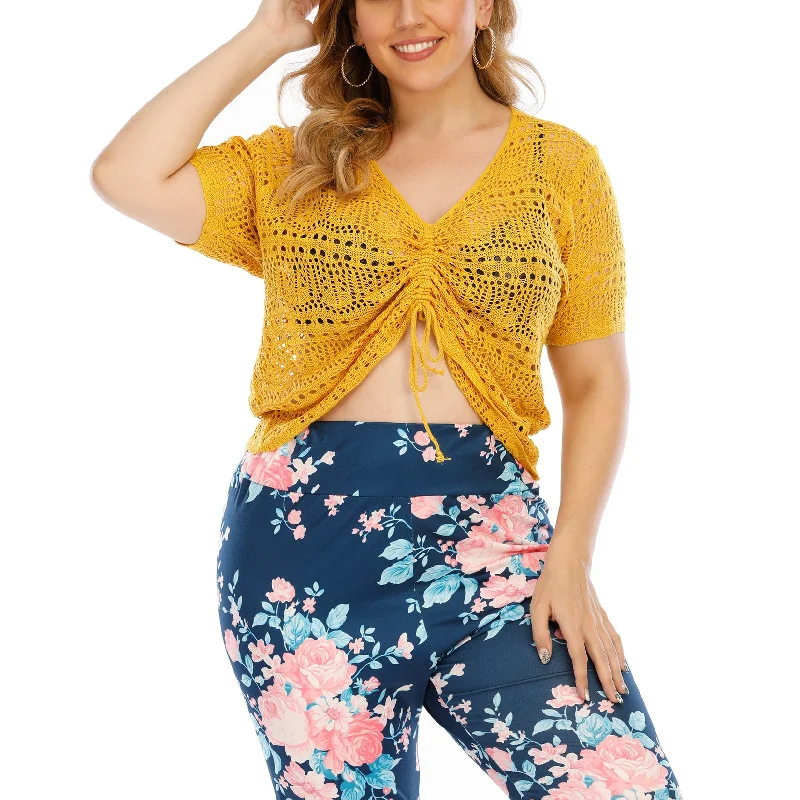 Drawstring V-Neck Hollow Design Sexy Wholesale Plus Size Clothing Crop Tops