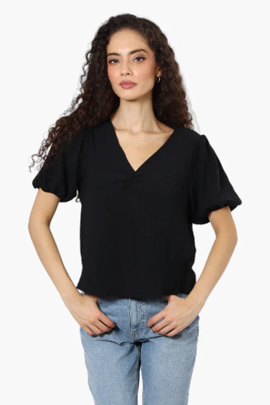 Magazine V-Neck Bell Sleeve Blouse - Black