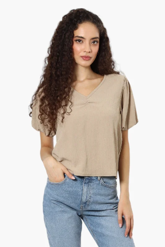 Magazine V-Neck Bell Sleeve Blouse - Beige