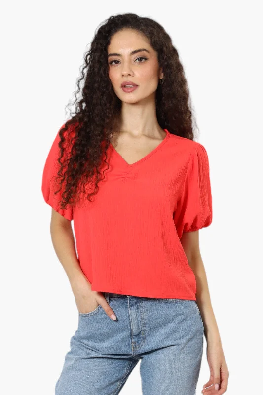 Magazine V-Neck Bell Sleeve Blouse - Red