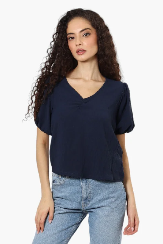 Magazine V-Neck Bell Sleeve Blouse - Navy