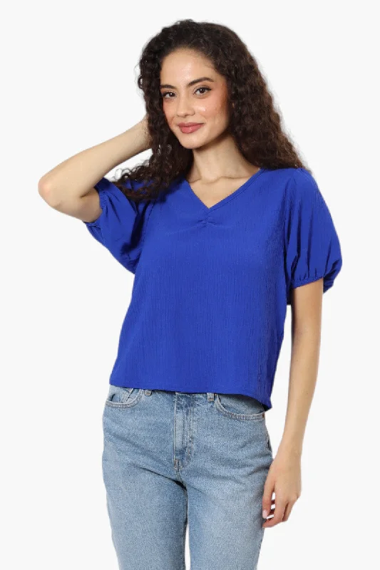 Magazine V-Neck Bell Sleeve Blouse - Blue