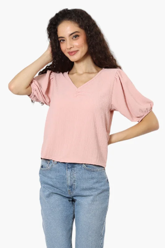 Magazine V-Neck Bell Sleeve Blouse - Pink