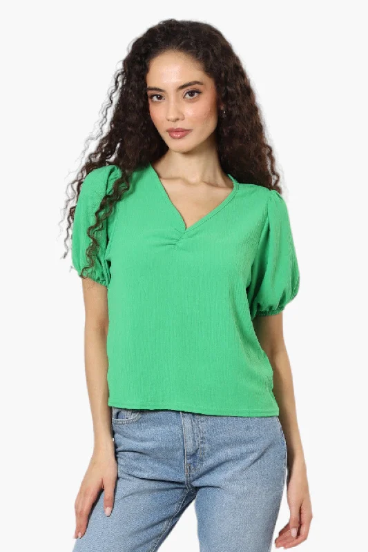 Magazine V-Neck Bell Sleeve Blouse - Green