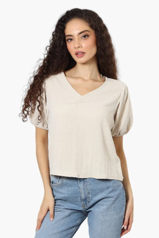 Magazine V-Neck Bell Sleeve Blouse - Stone