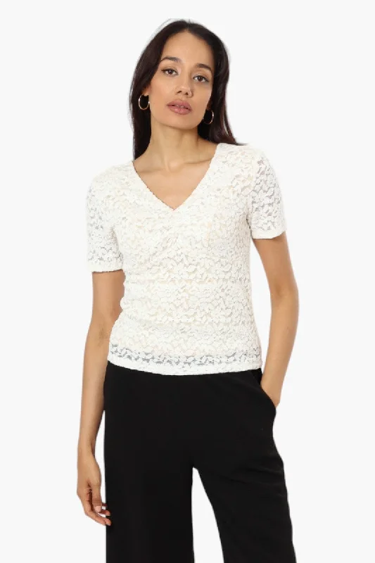 Limite Lace V-Neck Short Sleeve Shirt - White