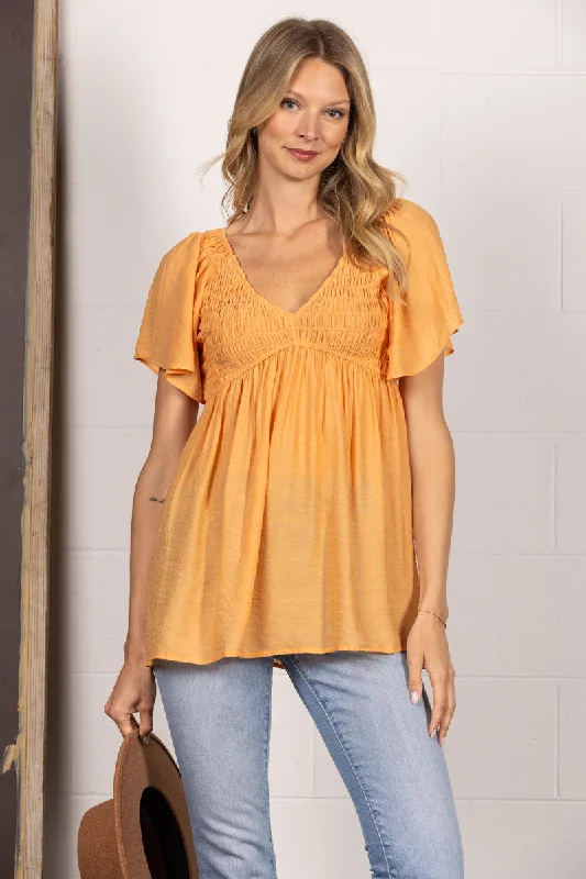 APRICOT RUCHED V-NECK BUTTERFLY SHORT SLEEVES TOP SY1270