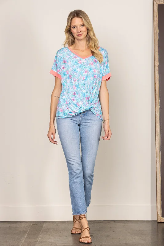 AQUA FLORAL PRINT V-NECK SHORT SLEEVES KNIT TOP B5140