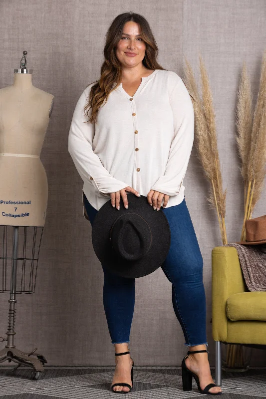 BEIGE V-NECK BUTTON DOWN LONG SLEEVE PLUS SIZE TOP-SPT5203P