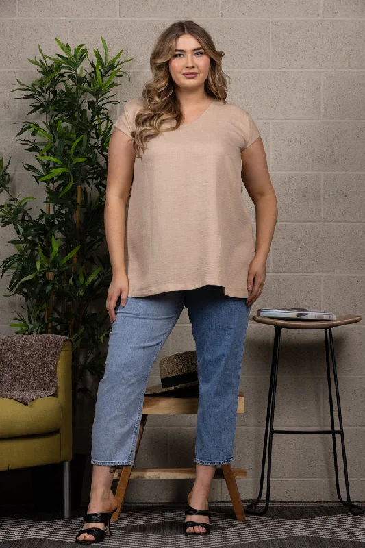 BEIGE V-NECK CAP SLEEVES PLUS SIZE TOP T3573