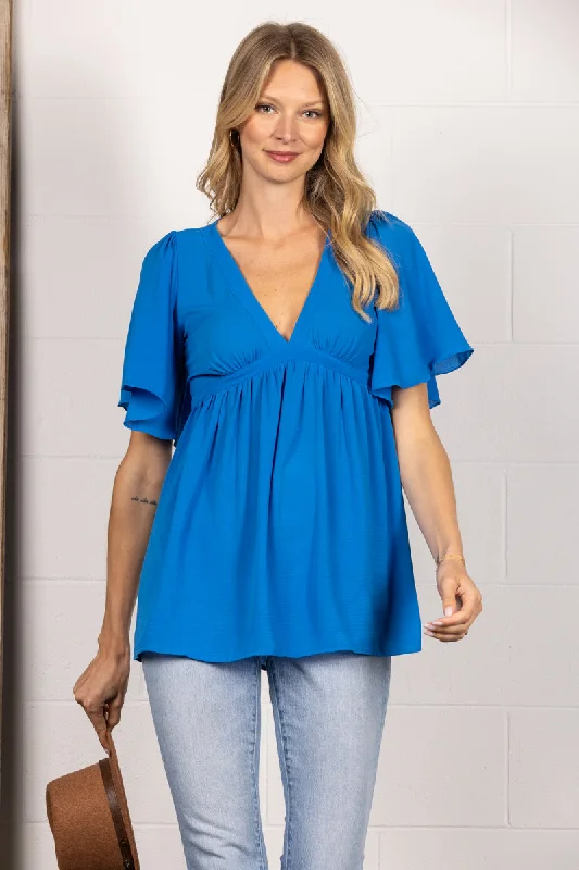 BLUE CHIFFON DEEP V-NECK BUTTERFLY SHORT SLEEVES TOP SY2376