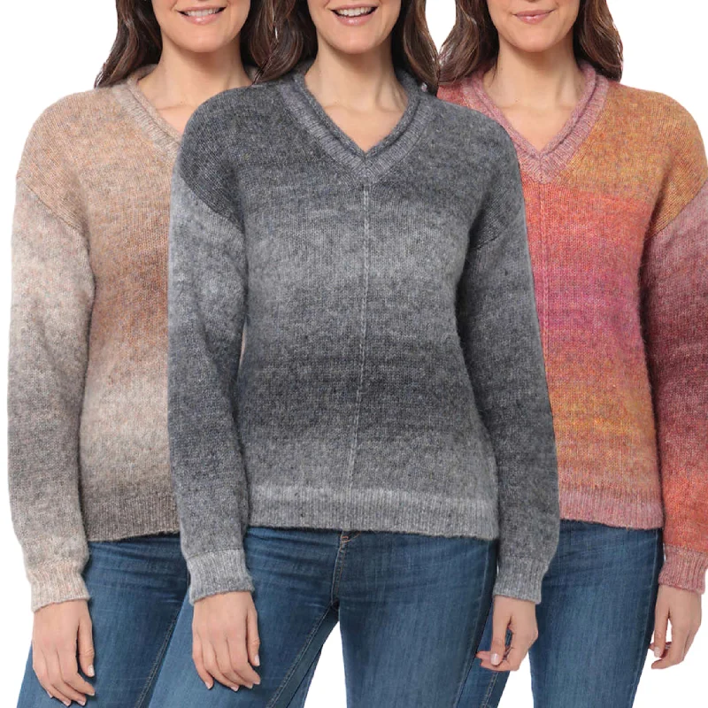 Briggs Women's Cozy V-Neck Soft Knit Wool Blend Ombre Space Dye Sweater