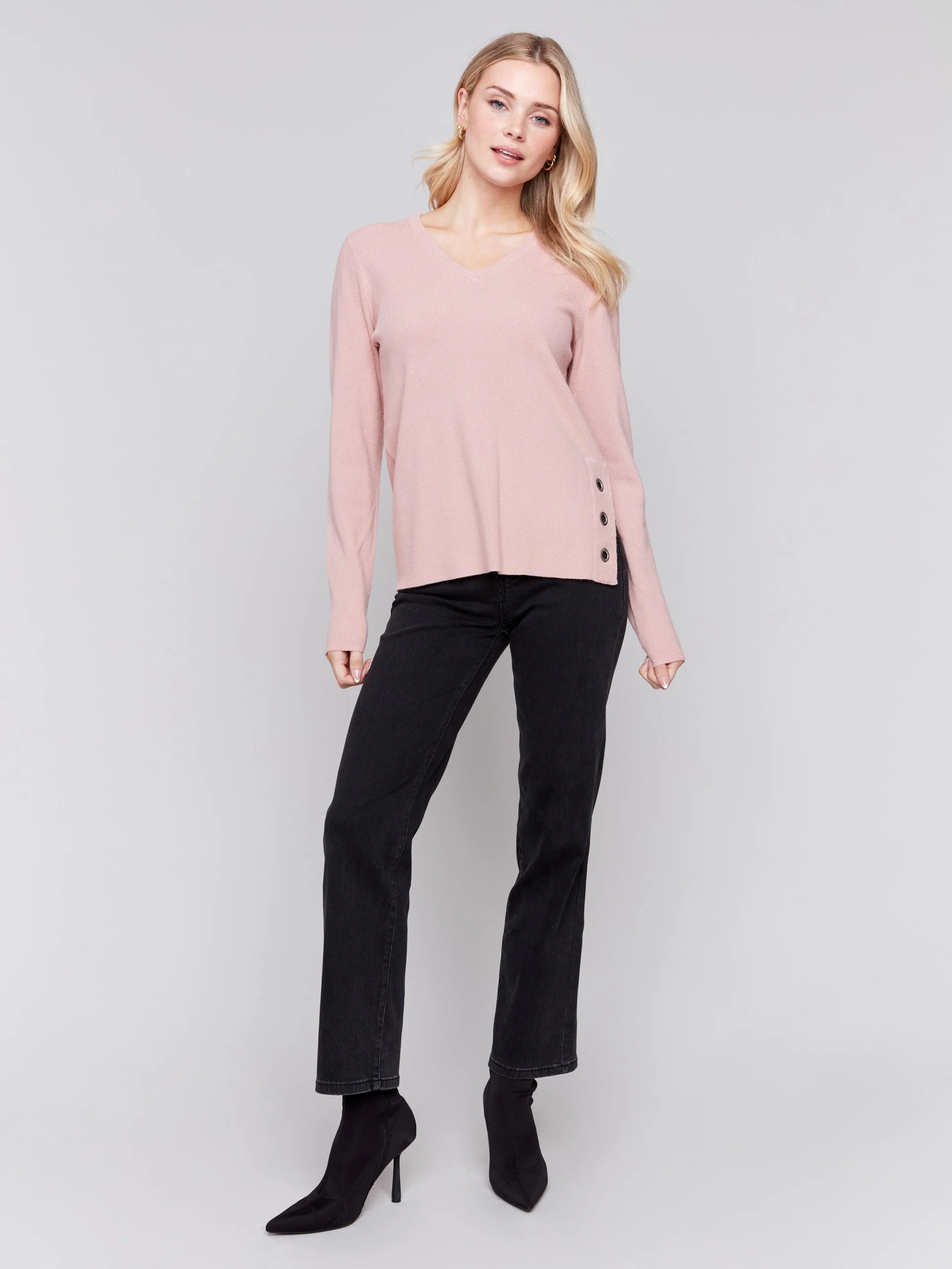 C.B C2569R V-Neck Sweater with Grommet Detail