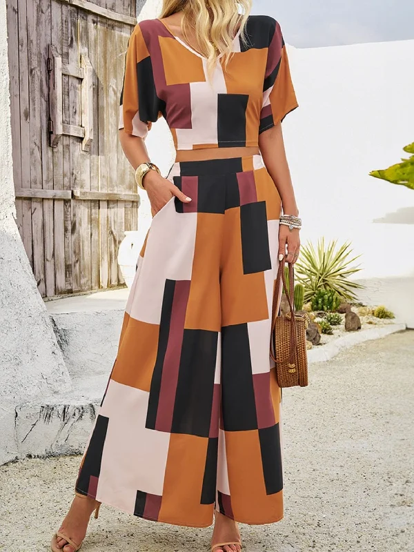 Hazel Blues® |  Color Block V-Neck Top and Wide Leg Pants Set