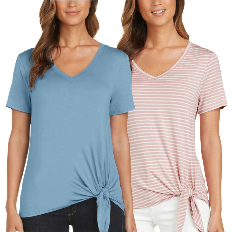 Matty M Women's Stripe Print Tee V-Neck Side Tie T-shirt Top