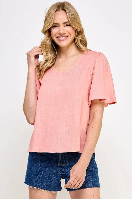 CORAL V-NECK FLUTTER SLEEVES LINEN TOP AVT10449