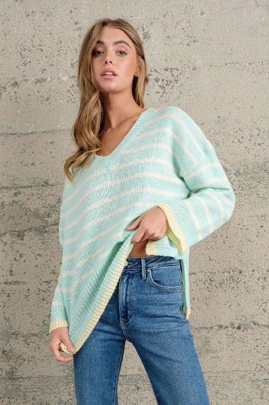 MINT RIBBED KNIT V-NECK  LONG SLEEVES SWEATER IBSW9263