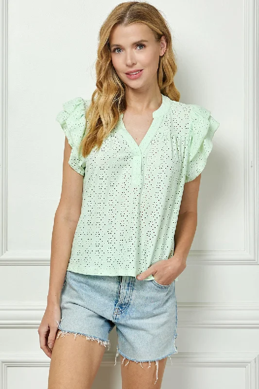 MINT V-NECK RUFFLE SLEEVES EYELET KNIT TOP AVT51002K