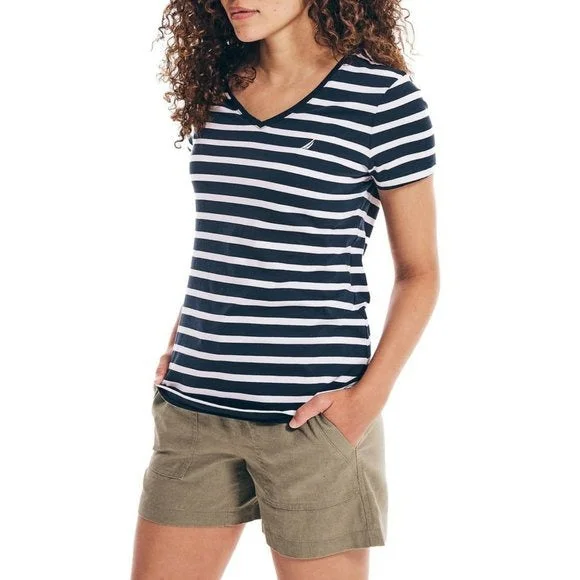 Nautica Women's V-Neck Stripe Logo Tee Soft Cotton Jersey T-Shirt