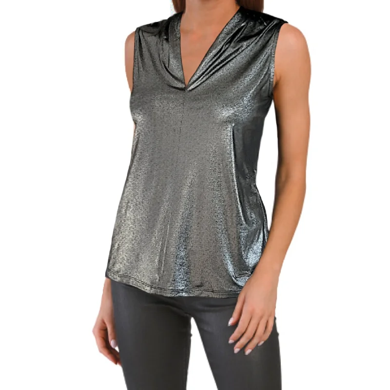 NINE WEST Women's Metallic Shimmer Drapery V-Neck Top