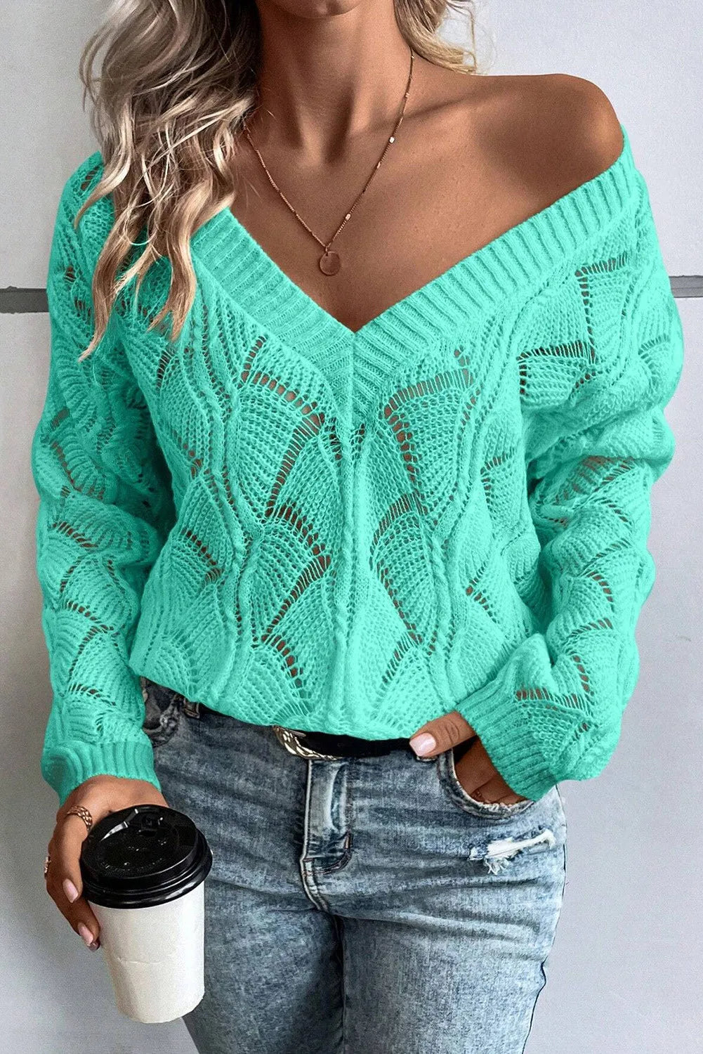 Hazel Blues® |  Openwork V-Neck Long Sleeve Sweater