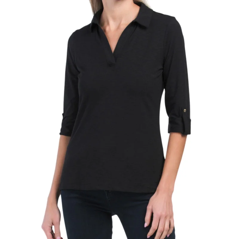 Rachel Zoe Women's Three-quarter Tacked Sleeve V-Neck Classic Collar Top