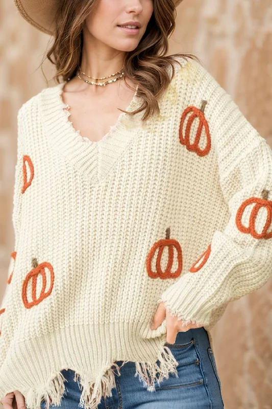 Hazel Blues® |  Raw Hem Pumpkin V-Neck Long Sleeve Sweater