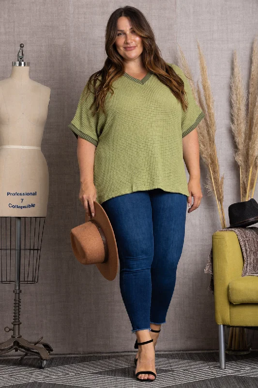 OLIVE V-NECK DOLMAN SHORT SLEEVES PLUS SIZE KNIT TOP-T7879