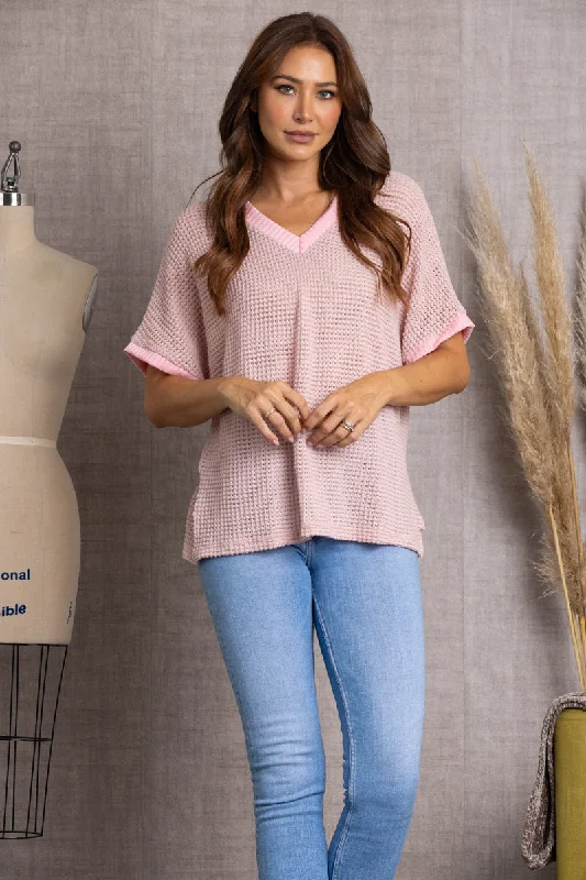 PINK- V-NECK DOLMAN SHORT SLEEVES KNIT TOP-T7879