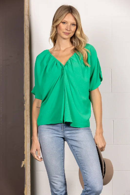 GREEN RUNCHED V-NECK DOLMAN SLEEVES TOP TC12603SA-