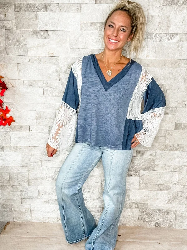 V-Neck Long Flare Sleeve Lace Detail Top in Indigo (S-L)