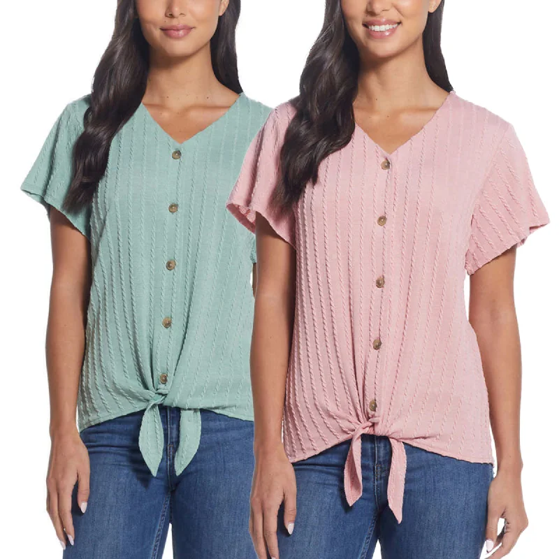 Weatherproof Vintage Women's Tie Front T-Shirt V-Neck Braided Knit Top